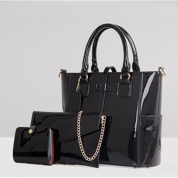 <bold>Tote Crossbody Bag & Purse Set <br>Vegan-Leather Handbag Black - strapsandbrass.com