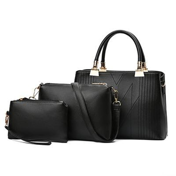<bold>Tote Crossbody & Purse Set  <br>Vegan-Leather Handbag Black - strapsandbrass.com