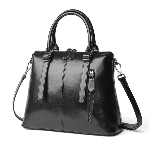 <bold>Tote  / Shoulder Bag <br>Genuine-Leather Handbag Black - strapsandbrass.com