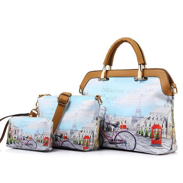 <bold>Tote Crossbody Bag & Purse Set <br>Canvas & Vegan-Leather Handbag Pink Bicycle - strapsandbrass.com