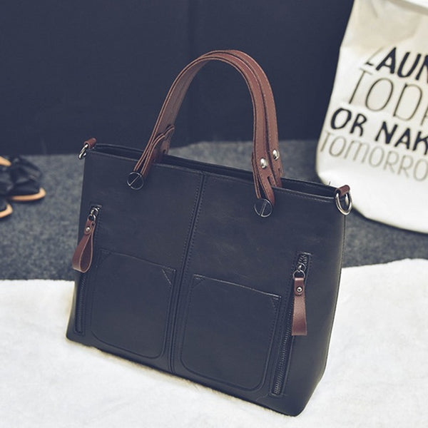 Tote / Shoulder Bag  <br>Vegan-Leather Handbag Black - strapsandbrass.com