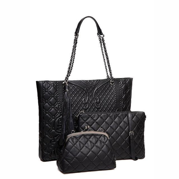 <bold>Tote Crossbody Bag & Purse Set <br>Vegan-Leather Handbag Black - strapsandbrass.com