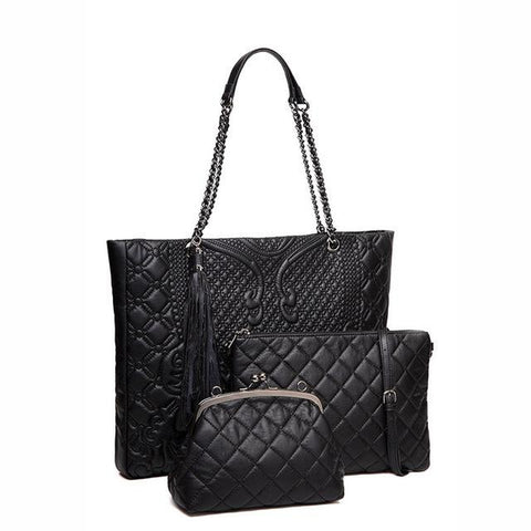 <bold>Tote Crossbody Bag & Purse Set <br>Vegan-Leather Handbag Black - strapsandbrass.com