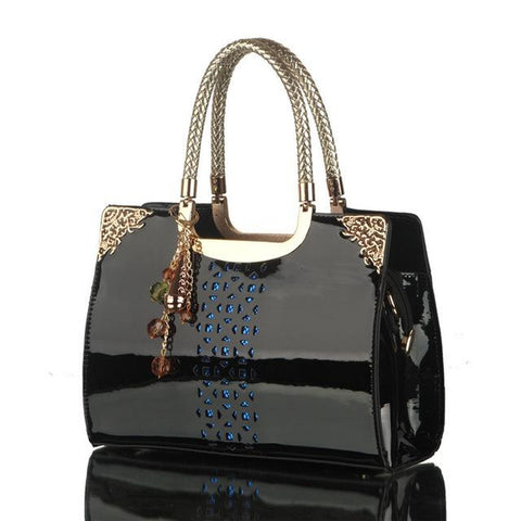 <bold>Top-Handle Bag / Satchel  <br>Genuine-Leather Handbag Black - strapsandbrass.com