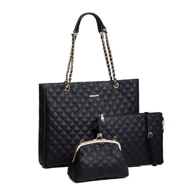 <bold>Tote Crossbody Bag & Purse Set <br>Vegan-Leather Handbag Black - strapsandbrass.com
