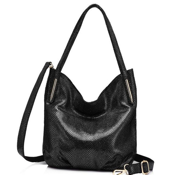 <bold>Hobo  / Tote Bag <br>Genuine-Leather Handbag Black Gray - strapsandbrass.com