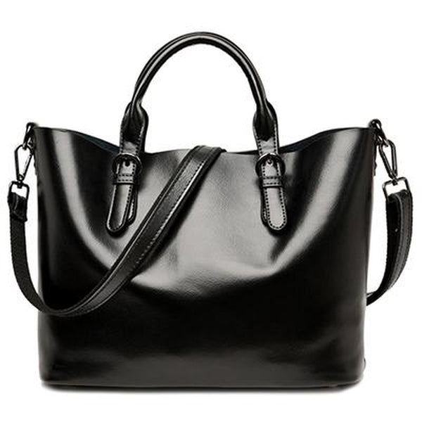 <bold>Tote / Shoulder Bag <br>Genuine-Leather Handbag Black - strapsandbrass.com