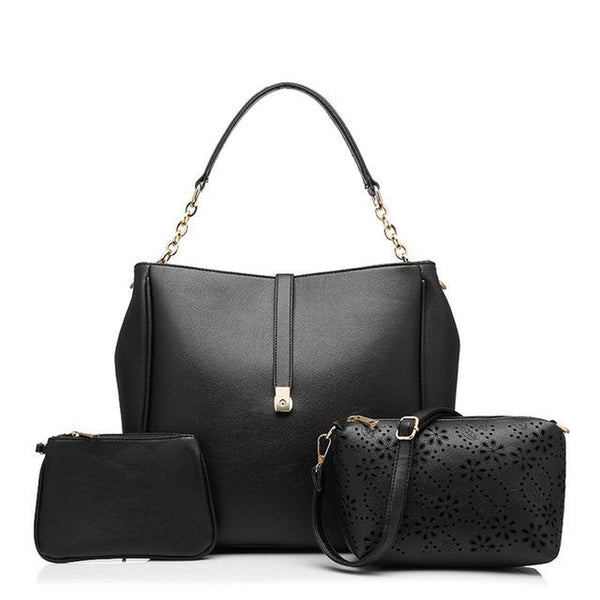 <bold>Tote Crossbody Bag & Purse Set <br>Vegan-Leather Handbag Black - strapsandbrass.com