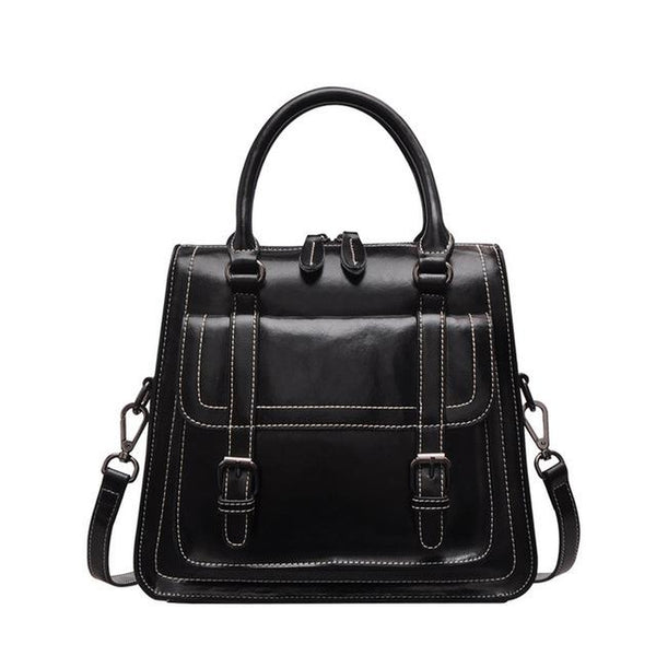 <bold>Top-Handle / Messenger Bag <br>Genuine-Leather Handbag Black - strapsandbrass.com