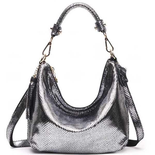<bold>Hobo / Tote Bag  <br>Genuine-Leather Handbag Black Silver - strapsandbrass.com