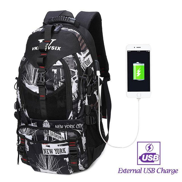 Backpack USB Charging & Waterproof <br> Oxford Backpack whiteblack with USB - strapsandbrass.com